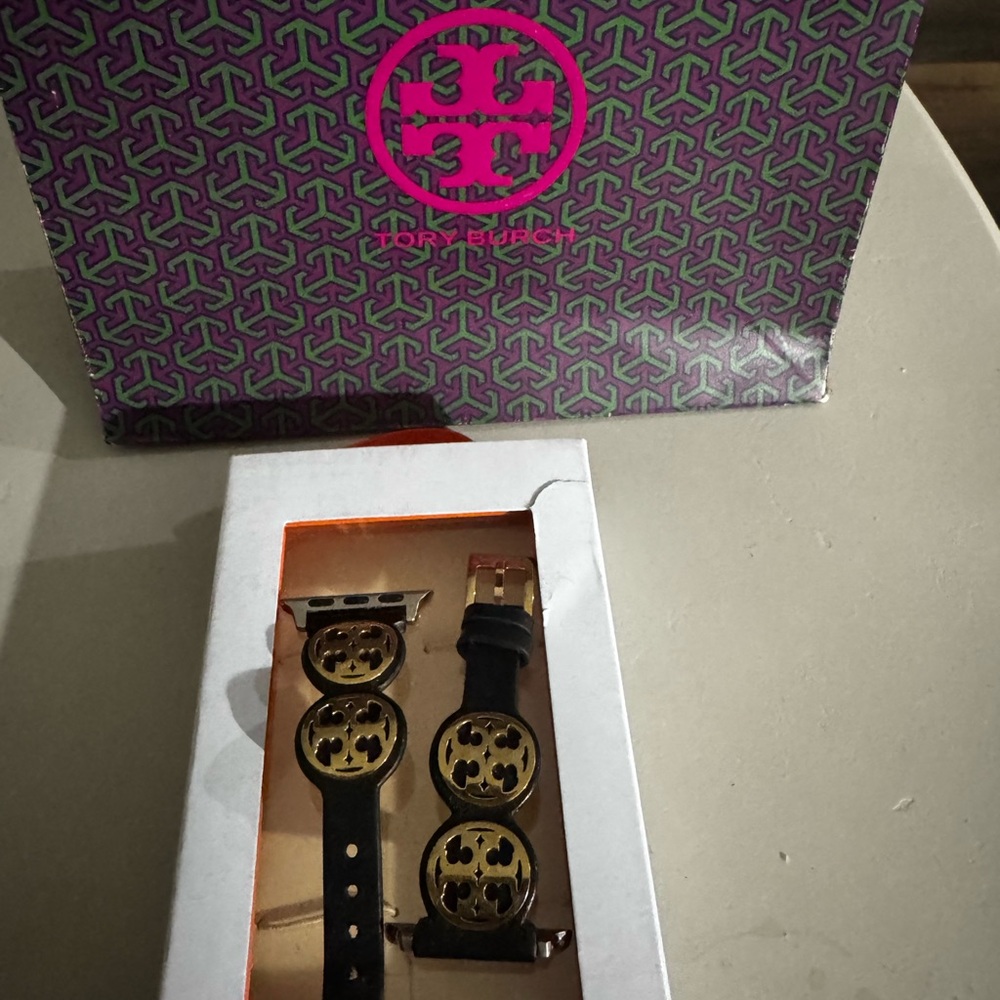 Tory Burch Black and Gold Logo Watch Strap
